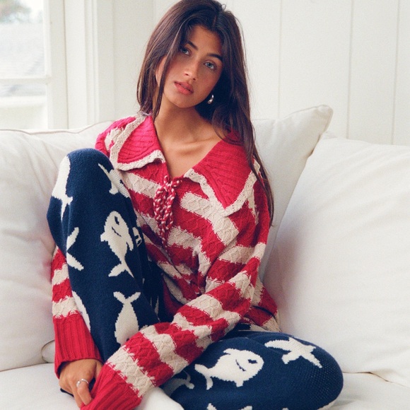 Cider Sweaters - Cider Christmas Red Cream Knit Collar Striped Tassel Sweater Size XS NEW